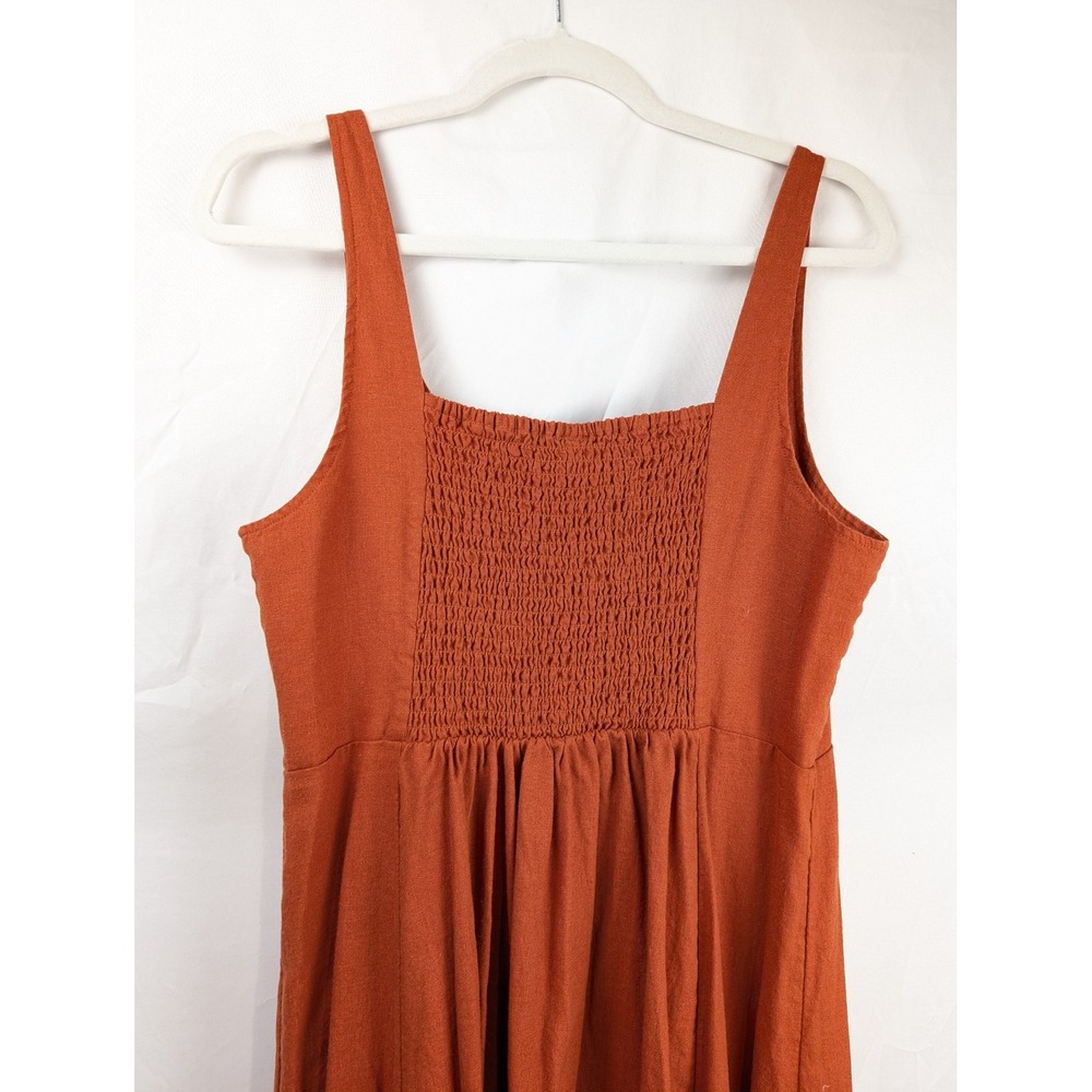 Linen Sweetheart Sleeveless Smocked Dress L Rust Orange Cottagecore Coastal Boho - Picture 8 of 9